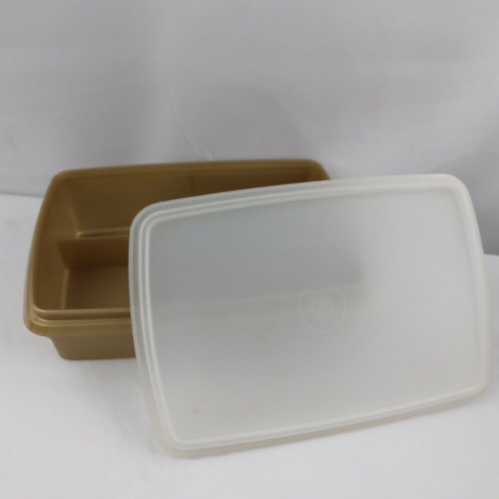 Vintage Tupperware Tuppercraft 2pc Stow-N-Go Storage Box Gold With Lid 767-2